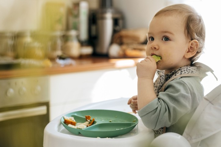 Cute blond baby girl eating meal while sitting at high chair. Adorable female toddler enjoying baby food. She is at home.