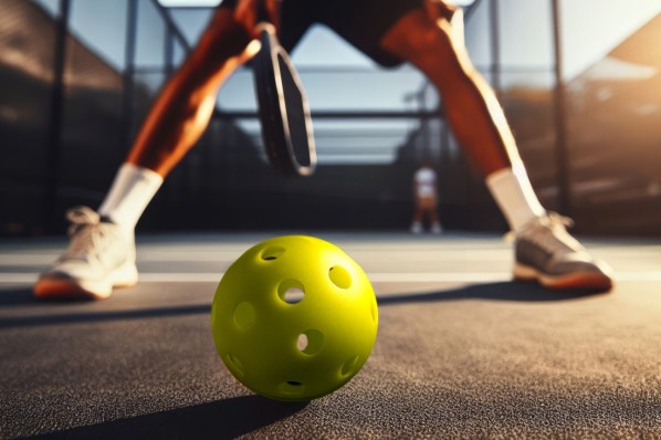 Ein Spieler steht breitbeinig mit vor einem Pickleball.