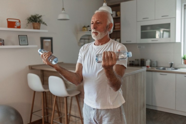 Ein Senior macht zu Hause Sport mit Wasserflaschen als Hantelersatz.