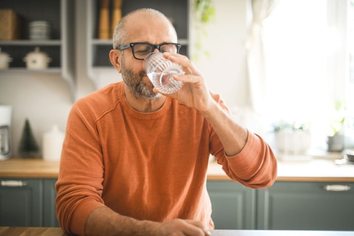 Ein Mann trinkt ein Glas Wasser mit Kohlensäure